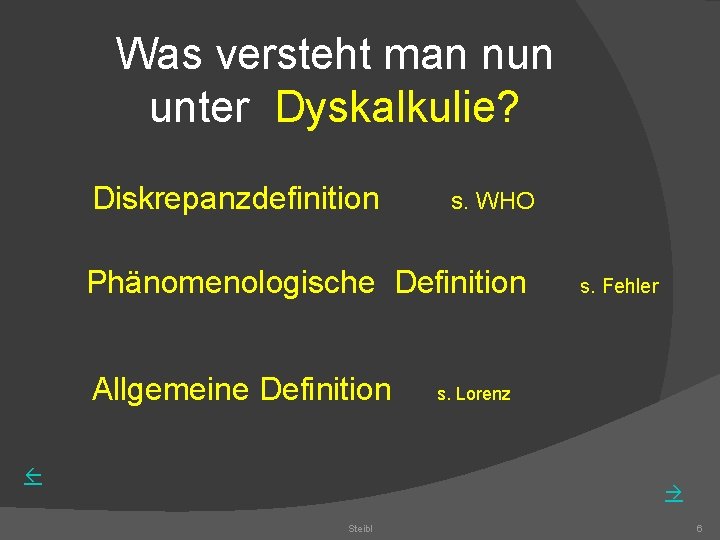 Was versteht man nun unter Dyskalkulie? Diskrepanzdefinition s. WHO Phänomenologische Definition s. Fehler Allgemeine