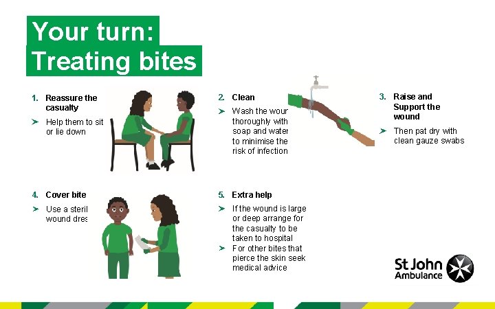 Your turn: Treating bites 1. Reassure the casualty Help them to sit or lie