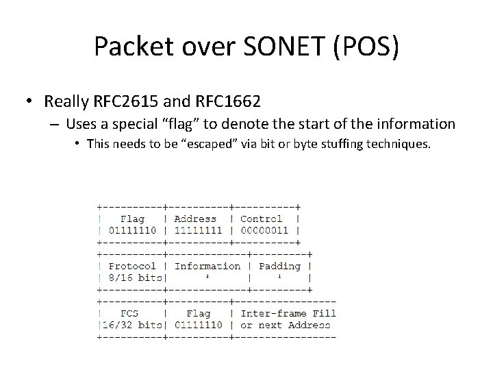 Packet over SONET (POS) • Really RFC 2615 and RFC 1662 – Uses a