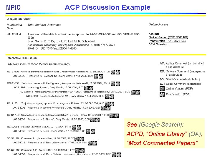 MPIC ACP Discussion Example See (Google Search): ACPD, “Online Library” (OA), “Most Commented Papers”