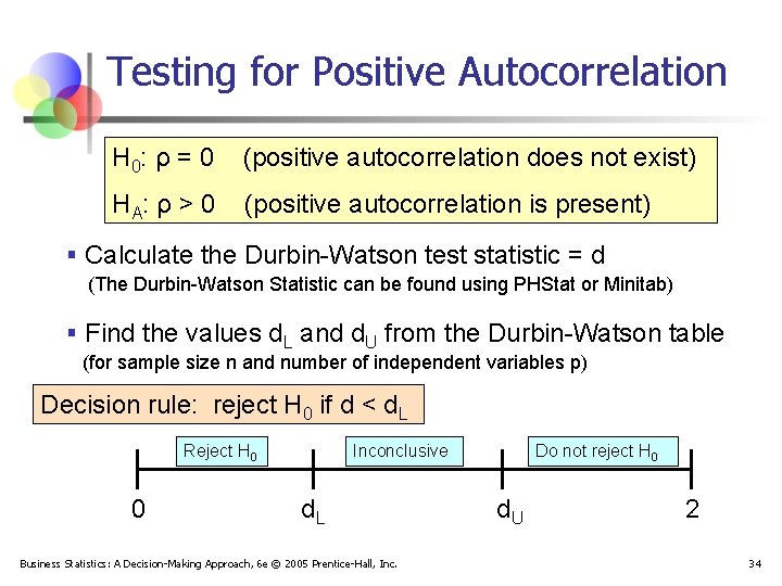 Testing for Positive Autocorrelation H 0: ρ = 0 (positive autocorrelation does not exist)