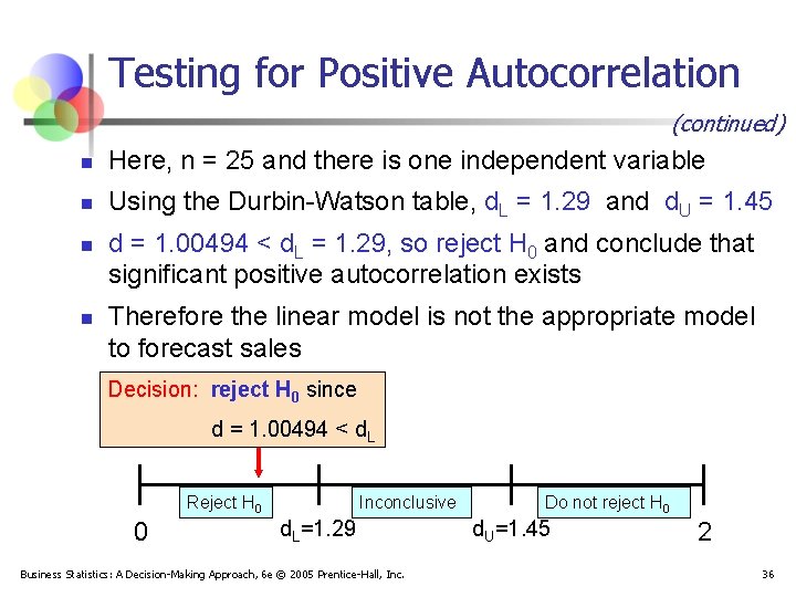 Testing for Positive Autocorrelation (continued) n Here, n = 25 and there is one