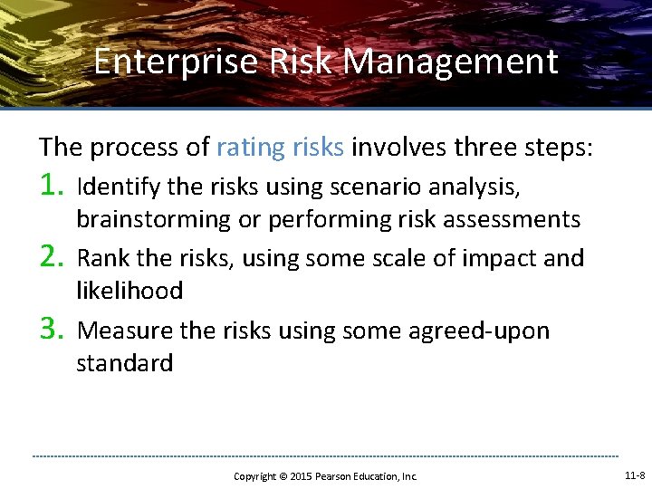 Enterprise Risk Management The process of rating risks involves three steps: 1. 2. 3. Enterprise Risk Management The process of rating risks involves three steps: 1. 2. 3.