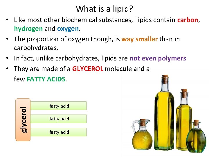 What is a lipid? glycerol • Like most other biochemical substances, lipids contain carbon,