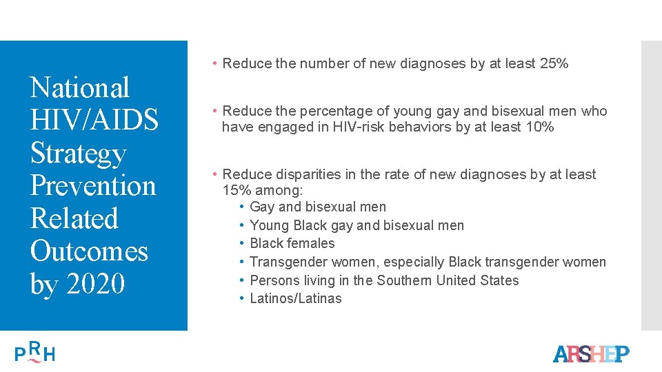National HIV/AIDS Strategy Prevention Related Outcomes by 2020 • Reduce the number of new