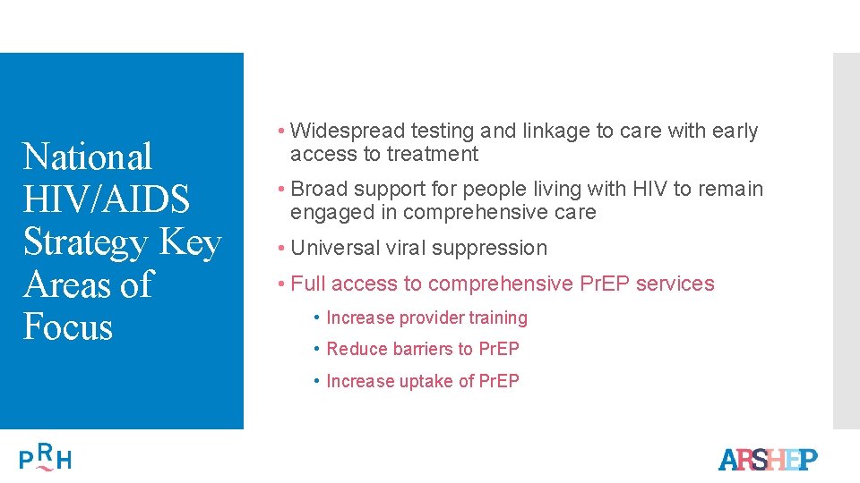 National HIV/AIDS Strategy Key Areas of Focus • Widespread testing and linkage to care