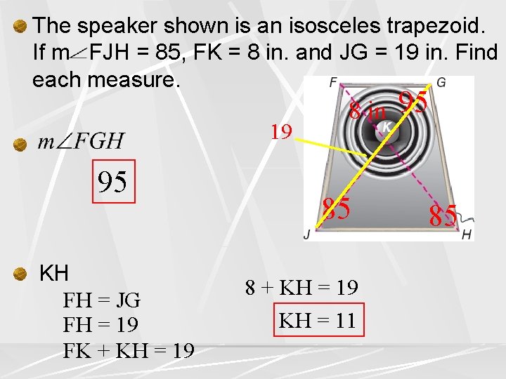 The speaker shown is an isosceles trapezoid. If m FJH = 85, FK =