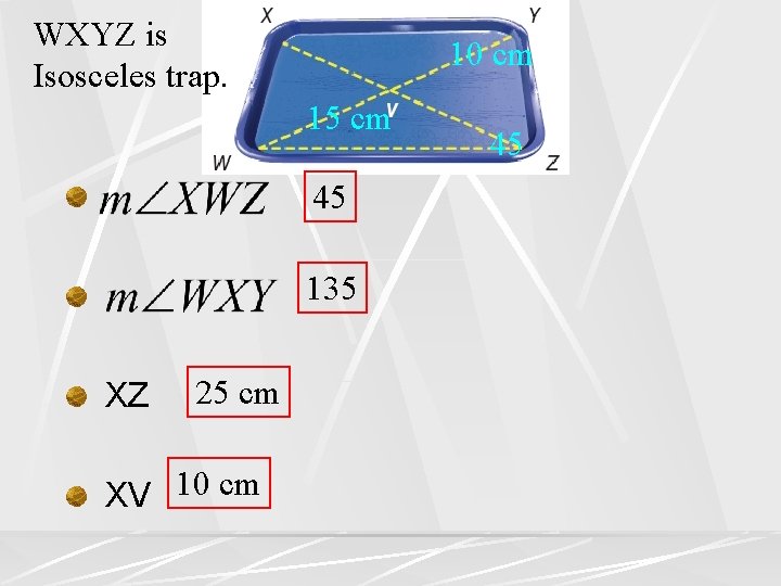 WXYZ is Isosceles trap. 10 cm 15 cm 45 135 XZ 25 cm XV