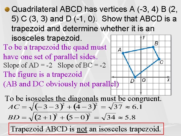 Quadrilateral ABCD has vertices A (-3, 4) B (2, 5) C (3, 3) and