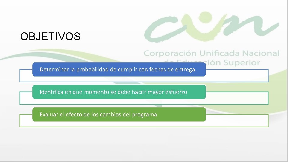 OBJETIVOS Determinar la probabilidad de cumplir con fechas de entrega. Identifica en que momento