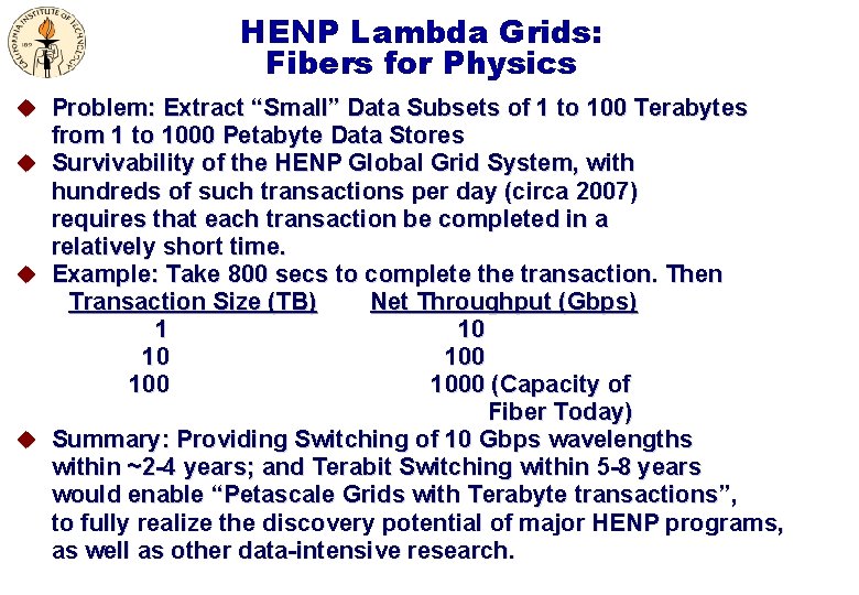HENP Lambda Grids: Fibers for Physics u Problem: Extract “Small” Data Subsets of 1