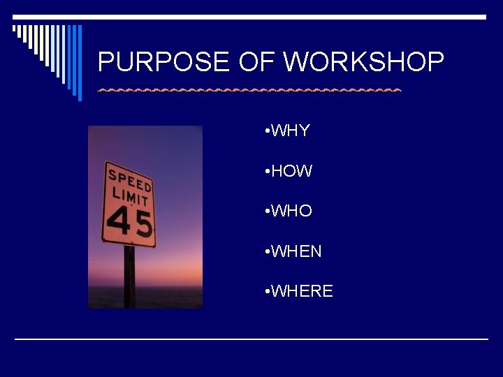 PURPOSE OF WORKSHOP • WHY • HOW • WHO • WHEN • WHERE 