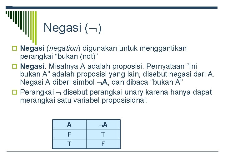 Negasi ( ) Negasi (negation) digunakan untuk menggantikan perangkai “bukan (not)” Negasi: Misalnya A