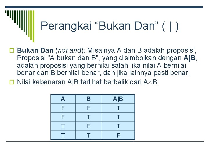 Perangkai “Bukan Dan” ( | ) Bukan Dan (not and): Misalnya A dan B