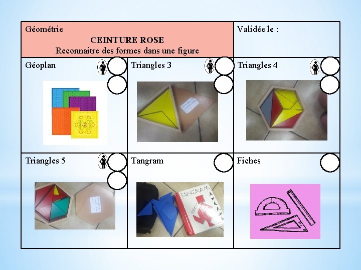 Géométrie Validée le : CEINTURE ROSE Reconnaitre des formes dans une figure Géoplan Triangles