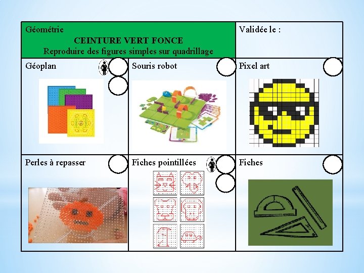 Géométrie Validée le : CEINTURE VERT FONCE Reproduire des figures simples sur quadrillage Géoplan