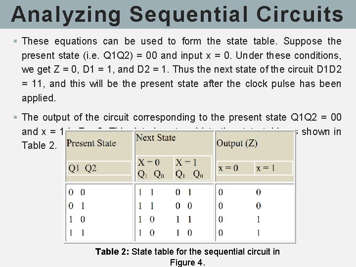 Analyzing Sequential Circuits § These equations can be used to form the state table.