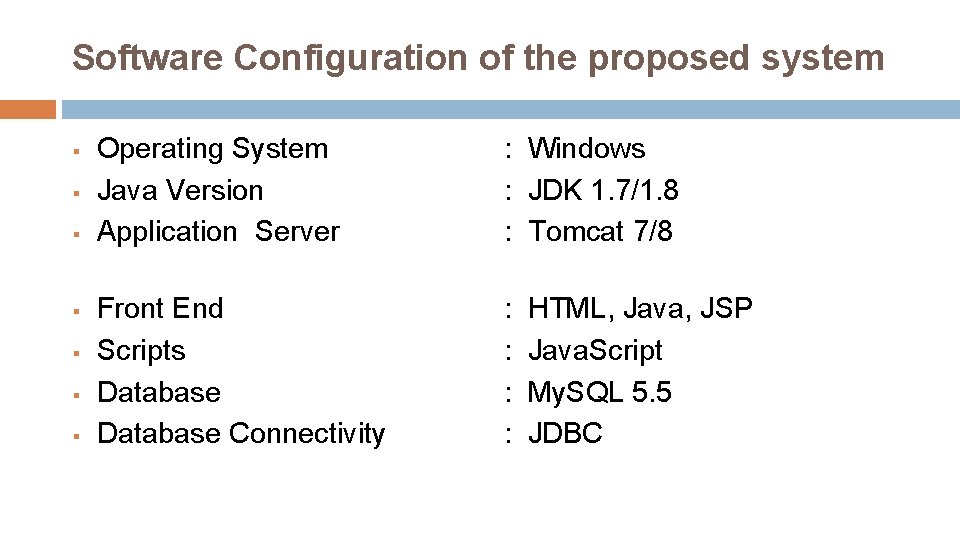 Software Configuration of the proposed system § § § § Operating System Java Version