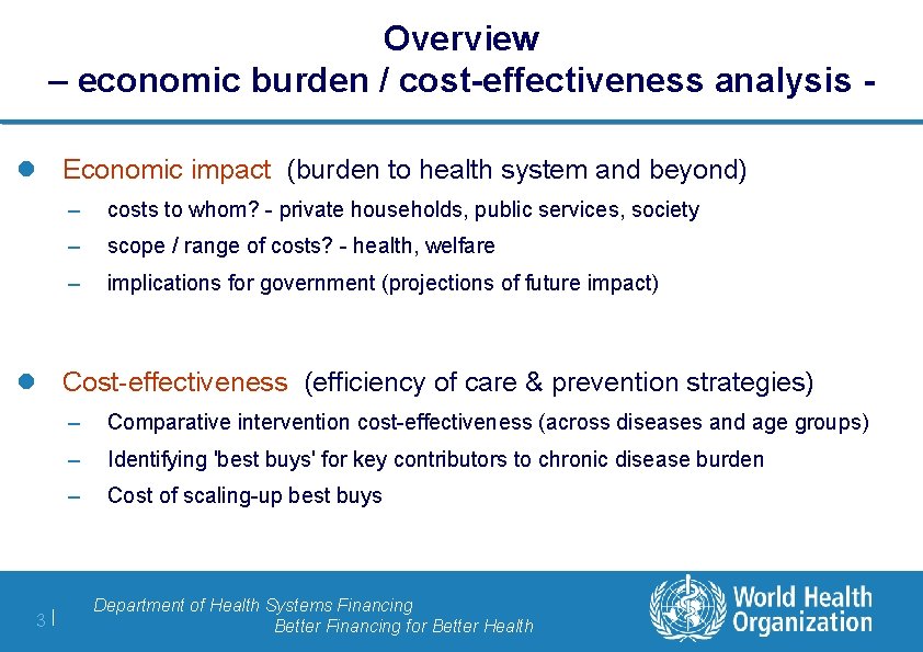 Overview – economic burden / cost-effectiveness analysis l Economic impact (burden to health system