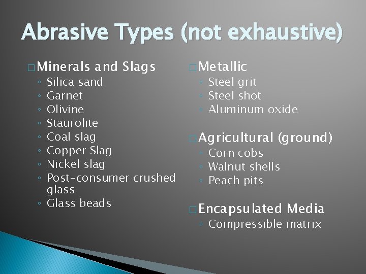 Abrasive Types (not exhaustive) � Minerals and Slags Silica sand Garnet Olivine Staurolite Coal