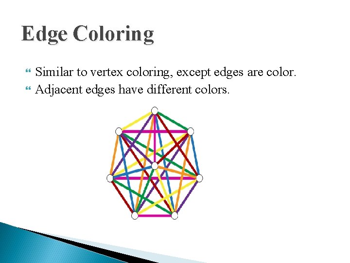 Edge Coloring Similar to vertex coloring, except edges are color. Adjacent edges have different