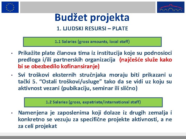 Budžet projekta 1. LJUDSKI RESURSI – PLATE 1. 1 Salaries (gross amounts, local staff)