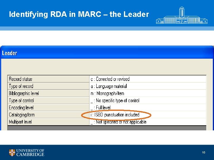 Identifying RDA in MARC – the Leader 16 