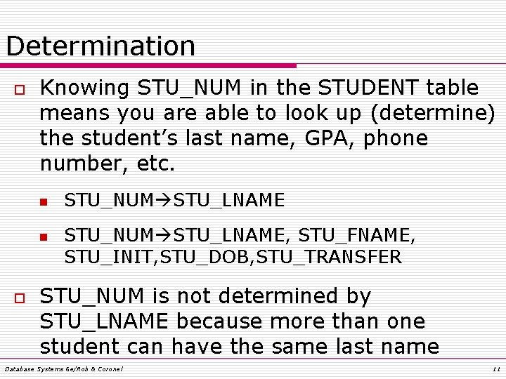 Determination o Knowing STU_NUM in the STUDENT table means you are able to look