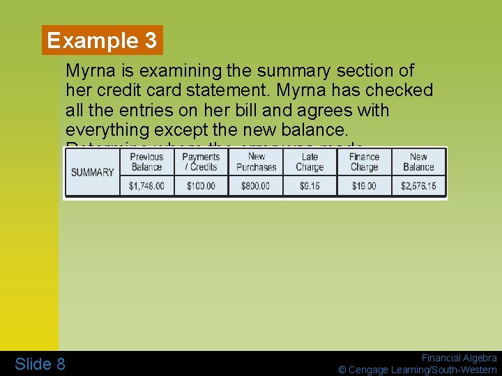 Example 3 Myrna is examining the summary section of her credit card statement. Myrna