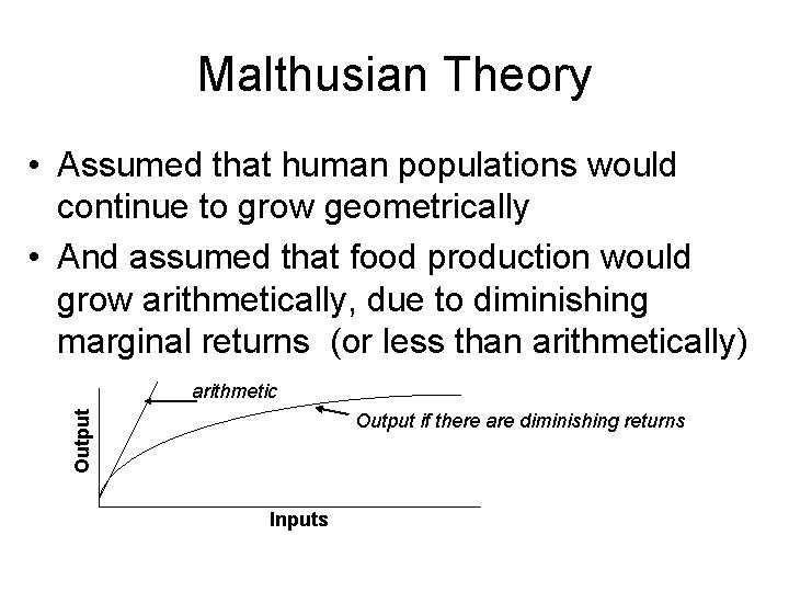 Malthusian Theory • Assumed that human populations would continue to grow geometrically • And