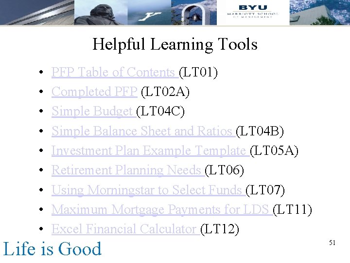 Helpful Learning Tools • • • PFP Table of Contents (LT 01) Completed PFP