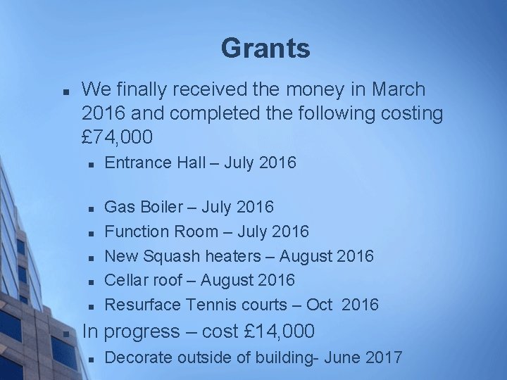 Grants n We finally received the money in March 2016 and completed the following