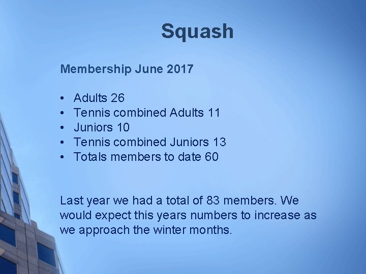 Squash Membership June 2017 • • • Adults 26 Tennis combined Adults 11 Juniors