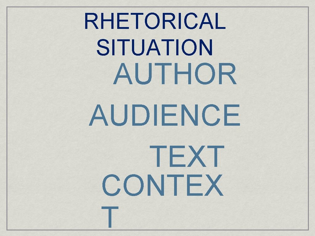 RHETORICAL SITUATION AUTHOR AUDIENCE TEXT CONTEX T 