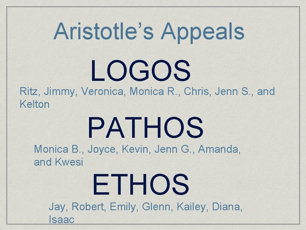 Aristotle’s Appeals LOGOS Ritz, Jimmy, Veronica, Monica R. , Chris, Jenn S. , and