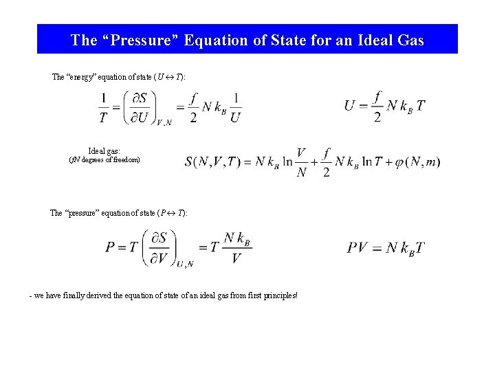 The “Pressure” Equation of State for an Ideal Gas The “energy” equation of state
