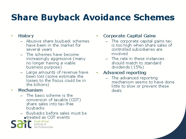 Share Buyback Avoidance Schemes • History – Abusive share buyback schemes have been in