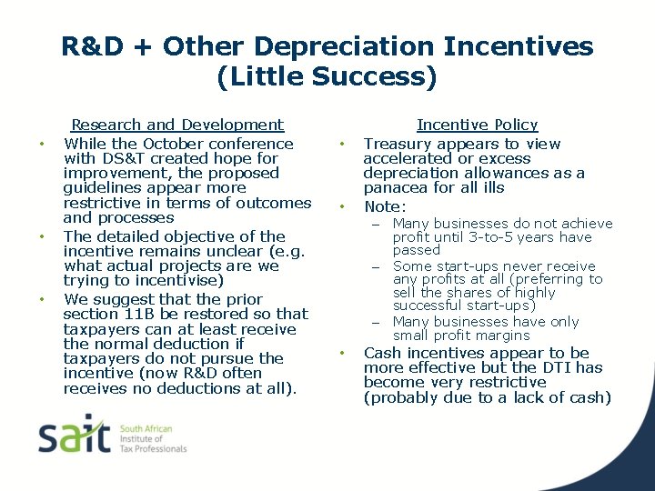 R&D + Other Depreciation Incentives (Little Success) • • • Research and Development While