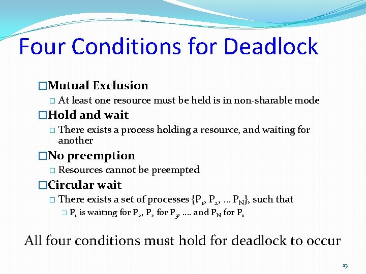Four Conditions for Deadlock �Mutual Exclusion � At least one resource must be held