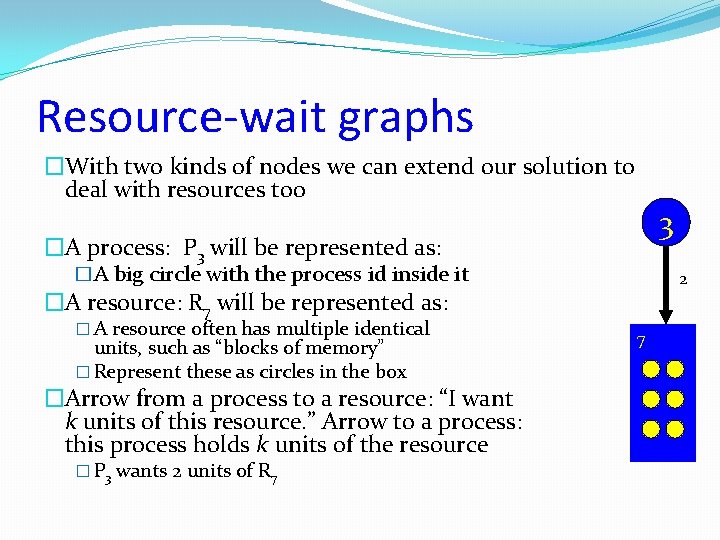 Resource-wait graphs �With two kinds of nodes we can extend our solution to deal