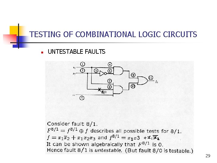 TESTING OF COMBINATIONAL LOGIC CIRCUITS n UNTESTABLE FAULTS 29 TESTING OF COMBINATIONAL LOGIC CIRCUITS n UNTESTABLE FAULTS 29