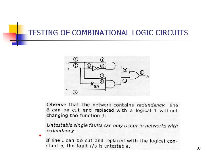 TESTING OF COMBINATIONAL LOGIC CIRCUITS n UNTESTABLE FAULTS (CONTINUES) 30 TESTING OF COMBINATIONAL LOGIC CIRCUITS n UNTESTABLE FAULTS (CONTINUES) 30