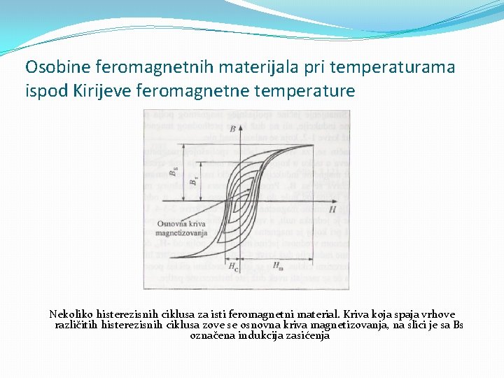 Osobine feromagnetnih materijala pri temperaturama ispod Kirijeve feromagnetne temperature Nekoliko histerezisnih ciklusa za isti