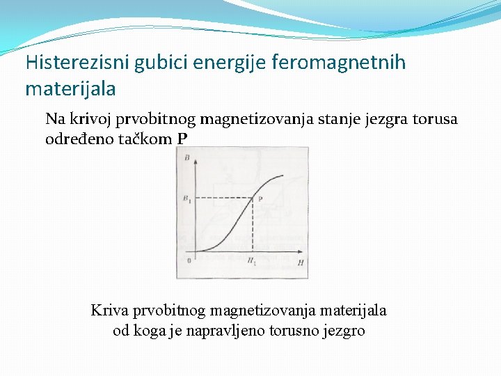 Histerezisni gubici energije feromagnetnih materijala Na krivoj prvobitnog magnetizovanja stanje jezgra torusa određeno tačkom