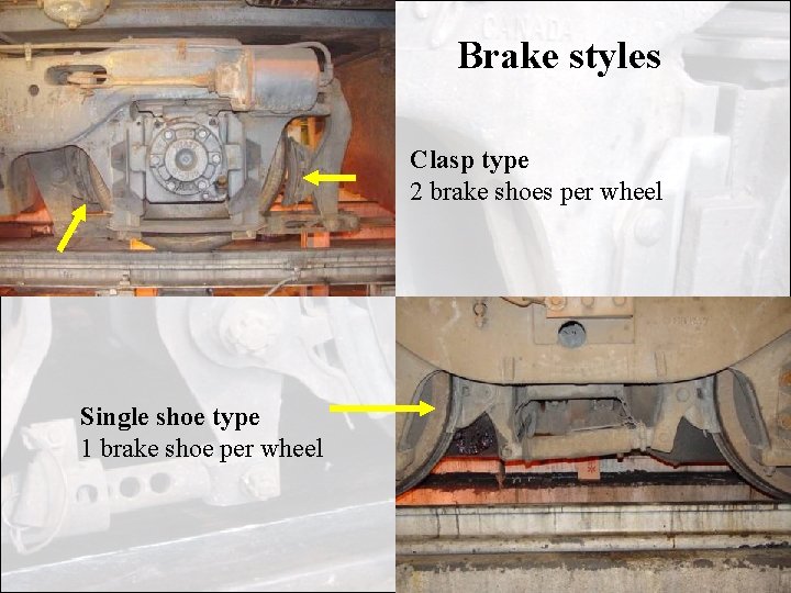 Brake styles Clasp type 2 brake shoes per wheel Single shoe type 1 brake Brake styles Clasp type 2 brake shoes per wheel Single shoe type 1 brake