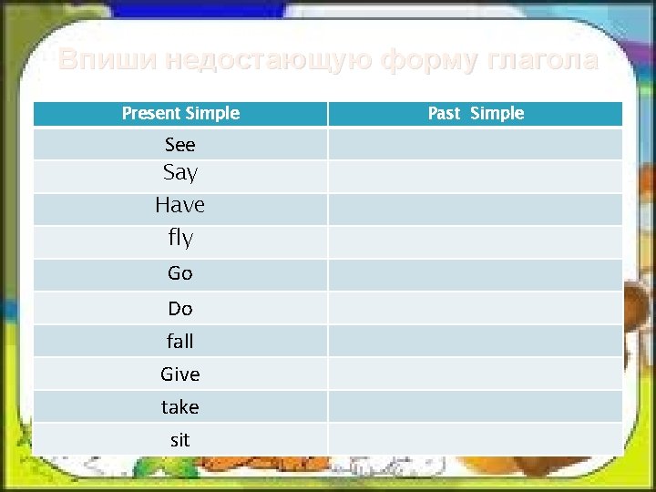 Впиши недостающую форму глагола Present Simple See Say Have fly Go Do fall Give