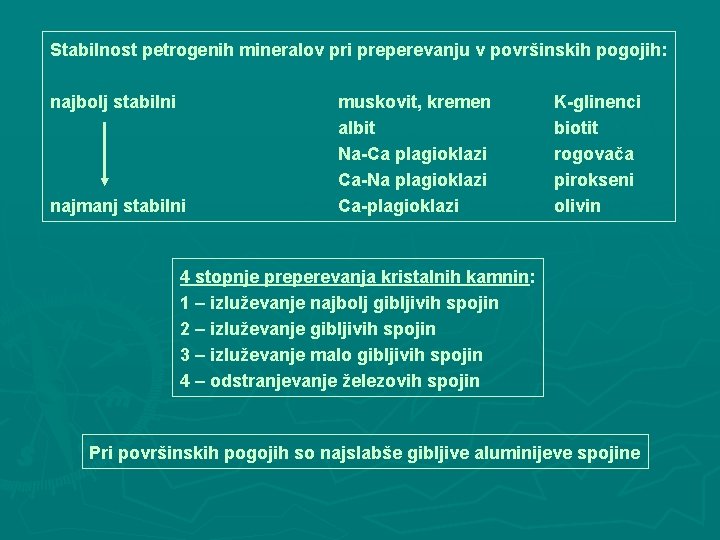 Stabilnost petrogenih mineralov pri preperevanju v površinskih pogojih: najbolj stabilni najmanj stabilni muskovit, kremen
