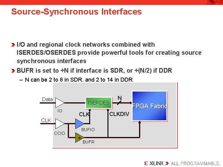 Source-Synchronous Interfaces I/O and regional clock networks combined with ISERDES/OSERDES provide powerful tools for