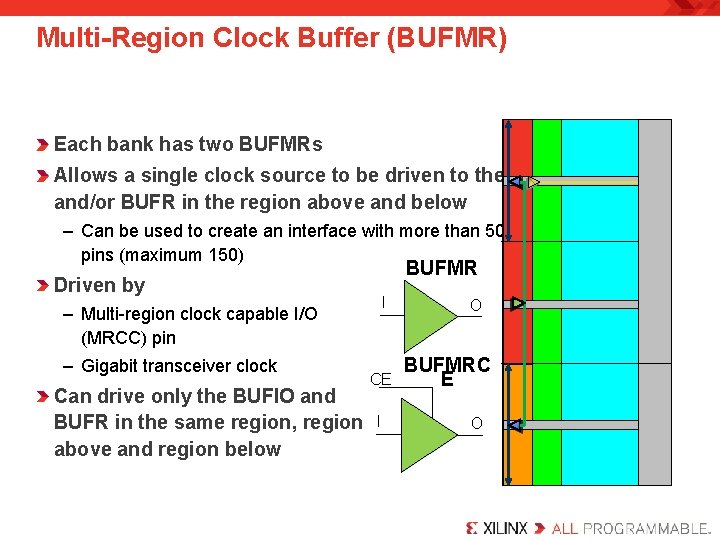 Multi-Region Clock Buffer (BUFMR) Each bank has two BUFMRs Allows a single clock source