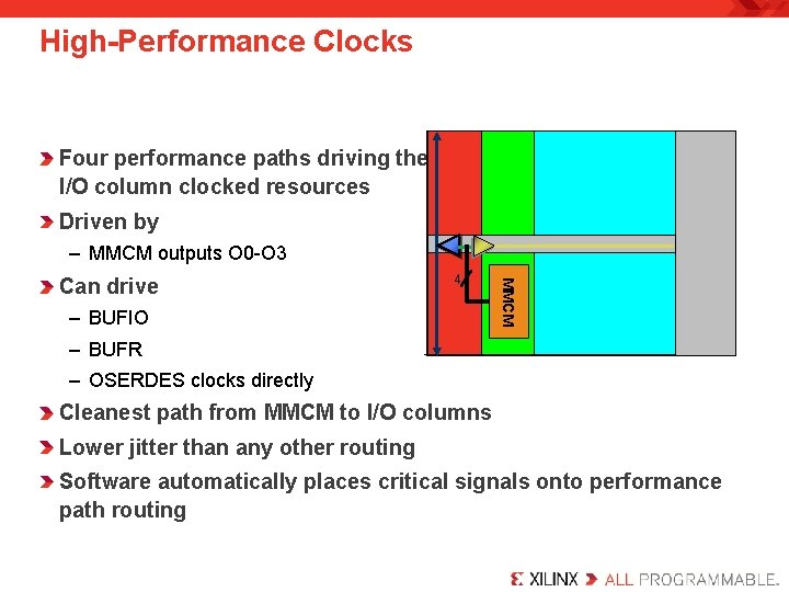 High-Performance Clocks Four performance paths driving the I/O column clocked resources Driven by –